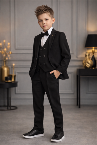 1-16 Yaş Çift Düğme Yelekli Ceketli Erkek Çocuk Takım Elbise Siyah