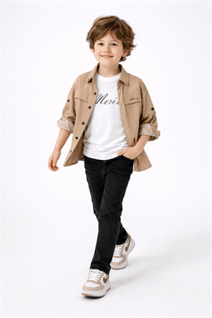 6-10 Yaş Mrx Kolları Katlamalı Gömlek Tişört Kot Erkek Çocuk Takım Camel