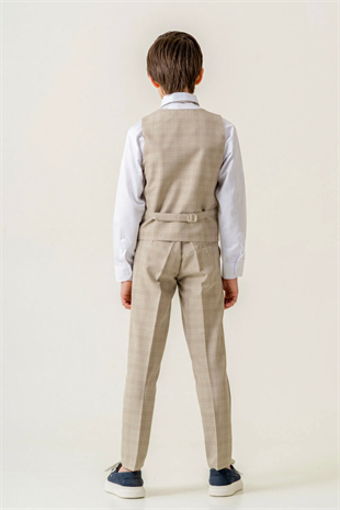 Karo Ekose Yelekli Zincirli Çocuk Takım Elbise Latte