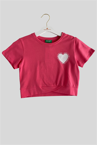 4-14 Yaş Benetton Kalp Baskı Kız Çocuk T-shirt Fuşya