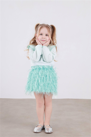 2-8 Yaş Etekleri Püsküllü Kız Çocuk Takım Su Yeşili