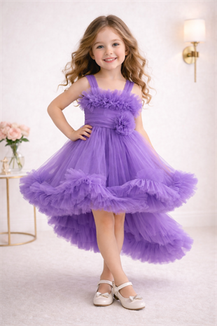 9 Ay - 5 Yaş Lolita Kuyruklu Askılı Kız Çocuk Abiye Elbise Lila