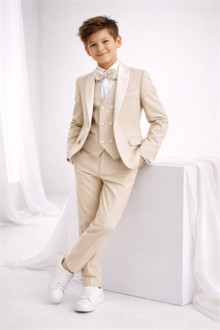 3-14 Yaş Saten Yaka Erkek Çocuk Takım Elbise Mezuniyet Bej