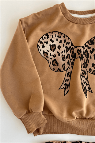 3-10 Yaş İspanyol Leo Pantolonlu Kız Çocuk Takım Sütlü Kahve