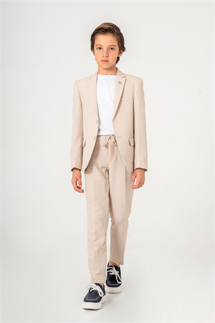 3-14 Yaş Gofre Rozetli Tişörtlü Çocuk Takım Elbise Bej