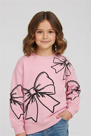 4-9 Yaş Büyük Fiyonklu Baskılı Kız Çocuk Sweat Pembe