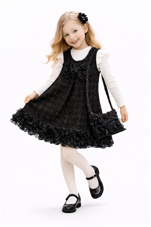 2-10 Yaş Gül Etekli Çantalı Salopet Takım Siyah