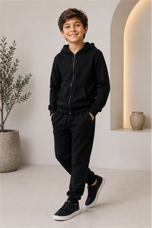 6-14 Yaş Fermuarlı Kapüşonlu Basic Unisex Çocuk Takım Siyah