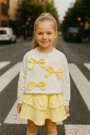 2-10 Yaş Fiyonk Detay Etekli Uzun Kol Kız Çocuk Takım Sarı