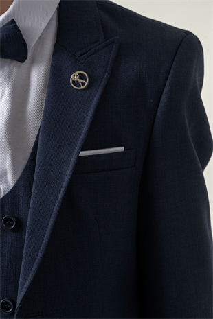 Premium Seri Mendilli Yelekli Ceketli Çocuk Takım Elbise Lacivert