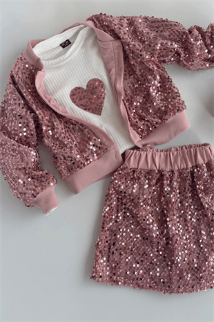 4-10 Payet Ceket ve Şort Etekli 3lü Kız Çocuk Takım Gül Kurusu