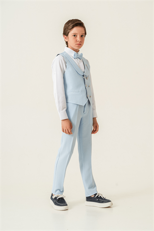 Gofre Lord Yelekli Erkek Çocuk Takım Elbise Açık Mavi