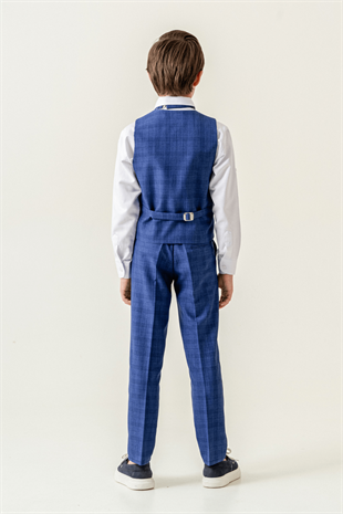 Karo Ekose Yelekli Zincirli Çocuk Takım Elbise Sax