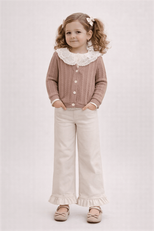 4-8 Yaş Dantel Bebe Yaka Hırka Paça Detay Pantolon Kız Takım Sütlü Kahve