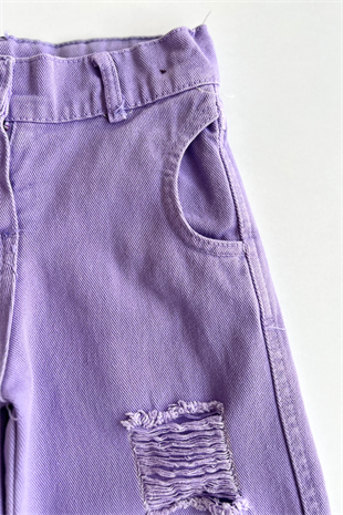 3-14 Yaş Kelebek Armalı Kot Pantolonlu Kız Takım Lila