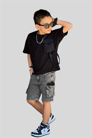 3-10 Yaş Kot Şortlu Paraşüt Cep Detay Erkek Çocuk Takım Siyah