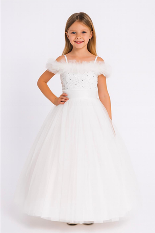 5-9 Perry Önü Taşlı Kız Çocuk Gelinlik Beyaz