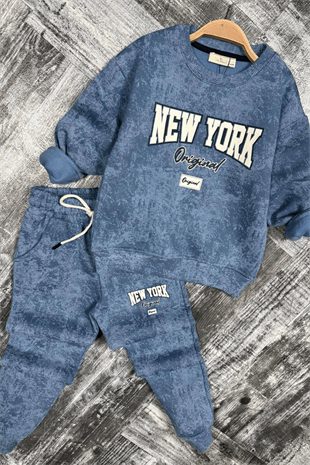 5-14 Yaş New York Batik Desen Erkek Çocuk Takım Mavi