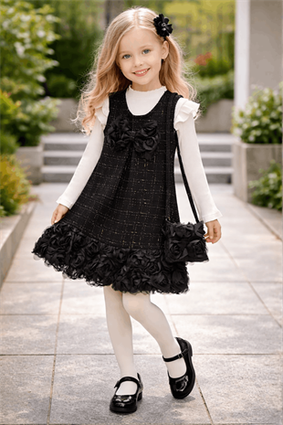 2-10 Yaş Gül Etekli Çantalı Salopet Takım Siyah