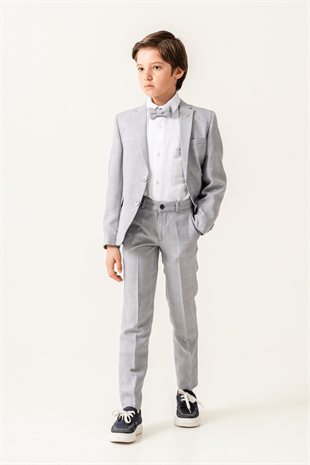 Ekose Ceketli Erkek Çocuk Takım Elbise Gri