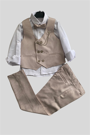 Zincir Detay Çift Düğmeli Erkek Çocuk Takım Elbise Bej