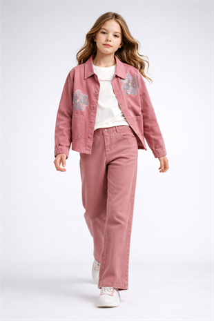 9-14 Yaş Çiçek Boncuk Aplikeli Ceketli Gabardin  Kız Çocuk Takım Gül Kurusu