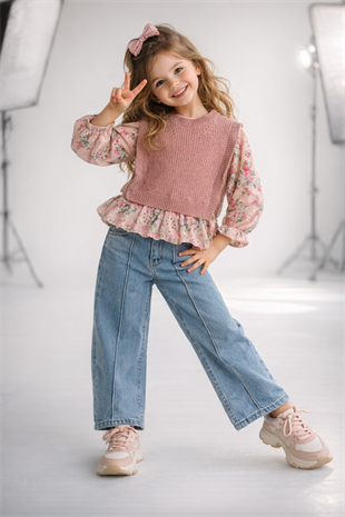 3-10 Yaş Triko Süveter Detay Gömlek Kot Takım Pembe