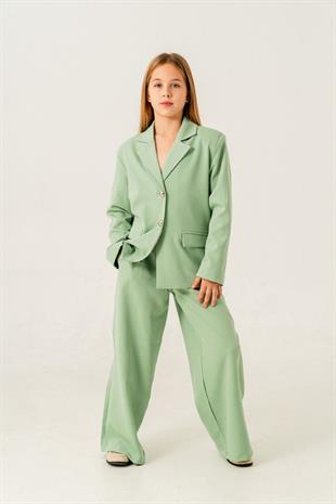 4-15 Yaş Blazer Ceketli Kız Çocuk Takım Yeşil