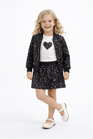 4-10 Payet Ceket ve Şort Etekli 3lü Kız Çocuk Takım Siyah