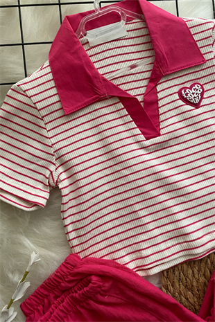 8-14 Yaş Polo Yaka Çizgili Crop Fuşya 