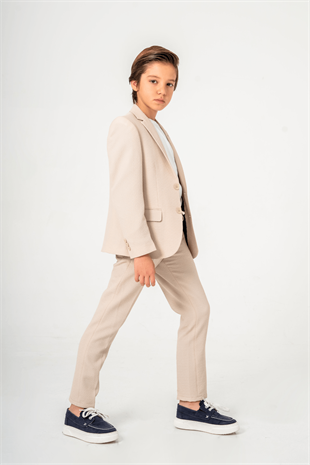 3-14 Yaş Gofre Rozetli Tişörtlü Çocuk Takım Elbise Bej