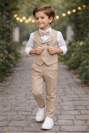 Smart Katlamalı Yelekli Çocuk Takım Elbise Latte