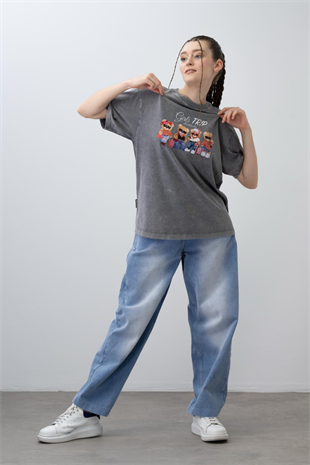 9-14 Yaş Ayıcık Baskılı Kısa Kol Tek Tişört Gri