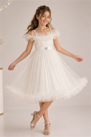 8-12 Yaş Lüx Etekleri Tül Detay Kız Çocuk Abiye Elbise Beyaz