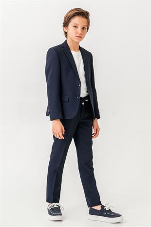 3-14 Yaş Gofre Rozetli Tişörtlü Çocuk Takım Elbise Lacivert