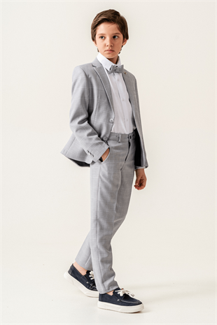 Ekose Ceketli Erkek Çocuk Takım Elbise Gri