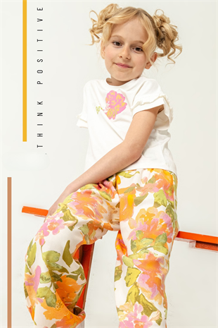 4-8 Yaş Çiçekli Pantolon Tişört Kız Çocuk Takım Turuncu