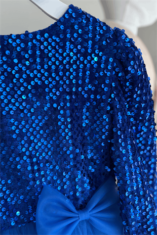 4-12 Yaş Grenli Kadife Payetli Kız Çocuk Abiye Elbise Sax