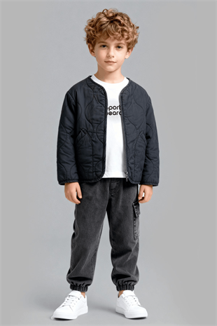3-11 Nakışlı Bomber Ceket Kargo Cep Pantolon Tişört 3lü Erkek Çocuk Takım Antrasit
