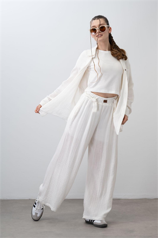 9-15 Yaş Kemer Detay 3lü Müslin Kız Takım Ekru