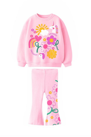 2-8 Unicorn Desenli İspanyol Taytlı Kız Çocuk Takım Pembe