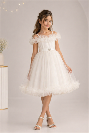 8-12 Yaş Lüx Etekleri Tül Detay Kız Çocuk Abiye Elbise Beyaz