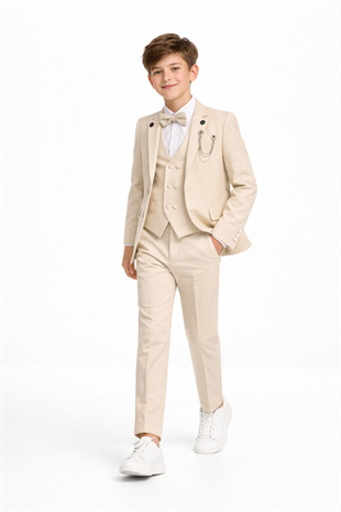 3-14 Yaş Premium Double Yaka Zincirli Erkek Çocuk Damatlık Bej
