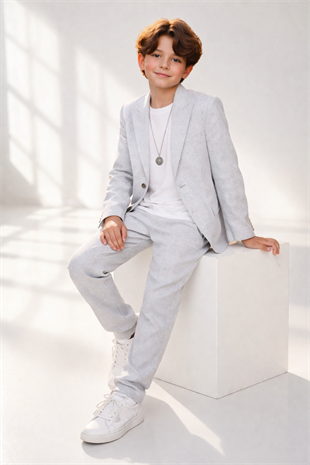 3-14 Yaş Vega Premium Çizgili Kolyeli Keten Çocuk Takım Elbise Mavi