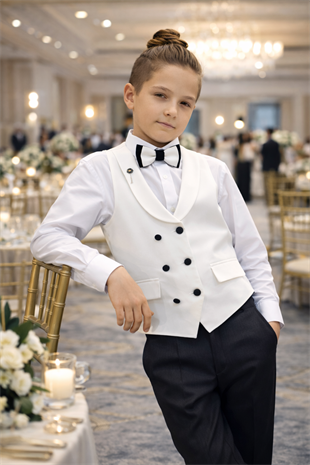 Lord Katlamalı Rozetli Çocuk Takım Elbise Beyaz