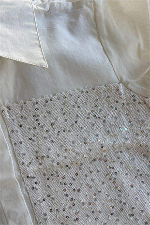 3-10 Yaş Payet Detay Şort Gömlek Kız Takım Beyaz