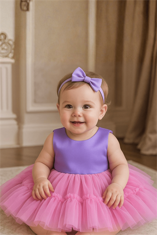 Tütülü Kalın Askılı Kız Bebek Abiye Elbise Lila