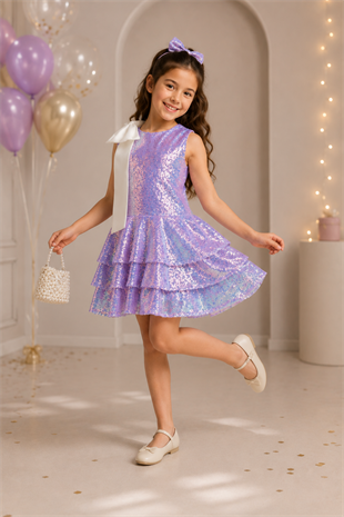 3-12 Yaş Party Girl Kat Kat Payetli Abiye Elbise Lila