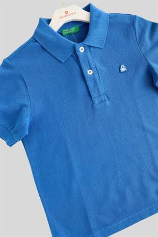 6-14 Yaş Benetton Erkek Çocuk Mavi Logolu Pike Polo T-shirt