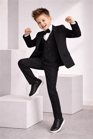 1-16 Yaş Çift Düğme Yelekli Ceketli Erkek Çocuk Takım Elbise Siyah